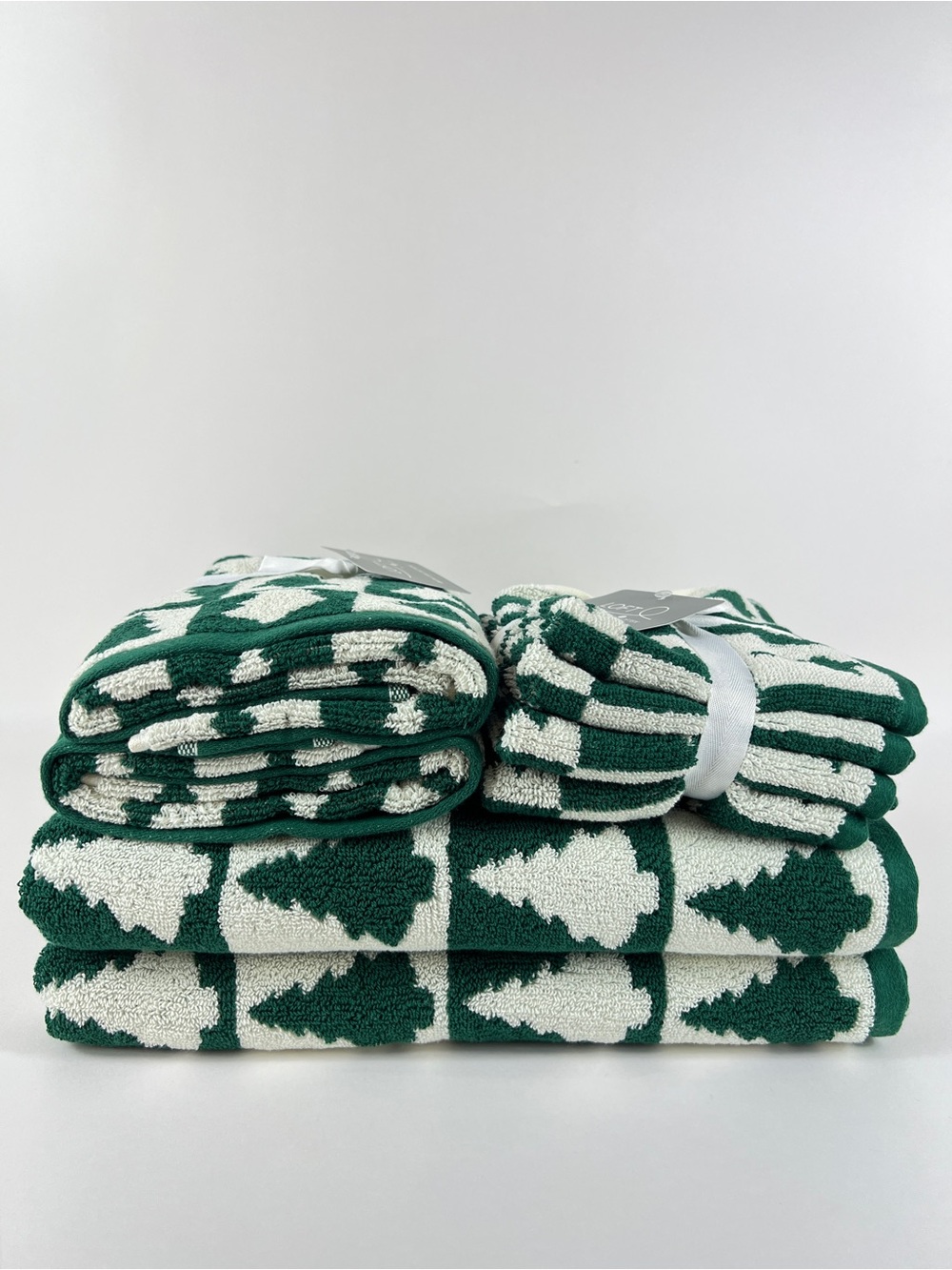 Loft by Loftex Holiday Christmas Tree Bath Towel Set Green White Cotton 8 Pc